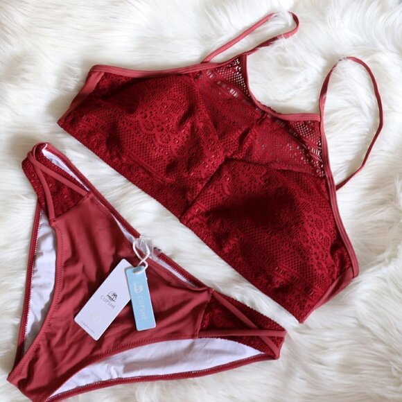 NEW Red Wine Red Lace Crochet Bohemian Boho Bikini Swim Set Size XXL - Picture 3 of 9